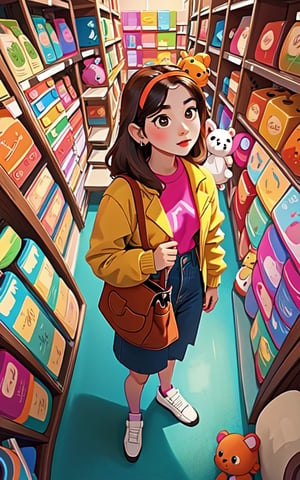 masterpiece, solo, best quality, high detailed, colorful, from above, solo, realistic, girl standing in a store with lots of stuffed animals on the shelves and a bag of stuff, hazel eyes, fisheye lens
,perfect,gheayoubi