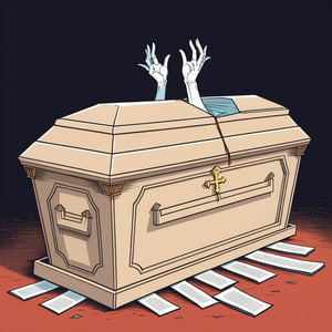 An illustration of  A coffin with hands sticking outside coffin, (in the combined style of Mœbius and french comics), (minimal vector:1.1)