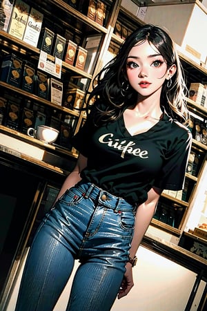 masterpiece,  ultra high res,  absurdres, photorealistic,
A 22-year-old woman , 
Pair denim pants with a T-shirt and wear a cardigan bolero,
looking at viewer,
at the cafe,
dutch angle, ,gheayoubi