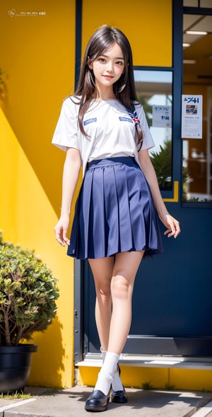 Realistic, 1women (masterpiece 1.2), japanese teen top model, 17 years old, (ultra Max high quality 1.2), (high_resolution 4k), (high detailed face), small mole under left eye, at school, japanese sailor school uniform, white short sleeve shirt, navy blue pleated skirt, small breasts, seductive smile,  showing long legs