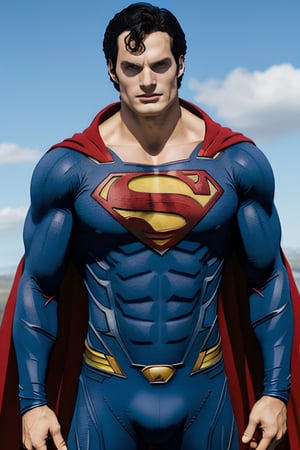 superman suit, muscular man, attractive young man, kal-el, Henry Cavill, superman suit in black,Realism,One piece style