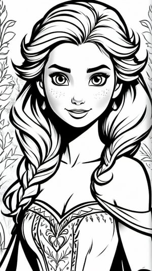 frozen princess elsa themes coloring book,black and white, for kids, best quality, ultra detailed, photorealistic, high quality, high resolution, super detailed, drwbk coloring book drawing,ColoringBookAF