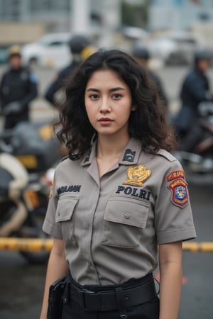 Asian yong woman with curly long hair stand in the foreground of battlefield, wearing (knotted shirt) polr1 police uniform. the uniform is adorned with The word "HANAKAWA" is embroidered on the left chest, and the word "POLRI" is embroidered on the right chest. Cowboy shot. 