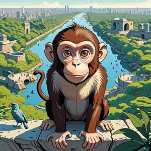 monkey in front of viewer, (background full of monkey) at zoo, ((Bird’s eye view)), (in the combined style of Mœbius and french comics), (minimal vector:1.1)