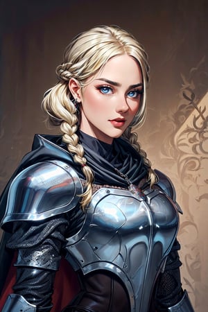 1 girl, adult russian woman, platinum blonde dutch braid, portrait, solo, upper body, looking at viewer, detailed background, detailed face, protector, keeping watch, chainmail armor, leather gauntlets, heraldry,medieval atmosphere, cape, emblem,gheayoubi