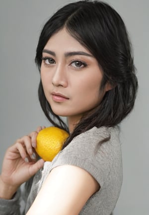 realistic,1girl,solo,short hair,realistic,food,fruit,lips,looking at viewer,black hair,holding,black eyes,upper body,bob cut,lemon,brown hair,brown eyes,grey background,holding fruit, (perfect face: 1.3), (face details: 1.3), beautiful glistening eyes, (tasty breasts: 1.3), sweeping circling composition, masterpiece, nsfw, 8k,alessa
