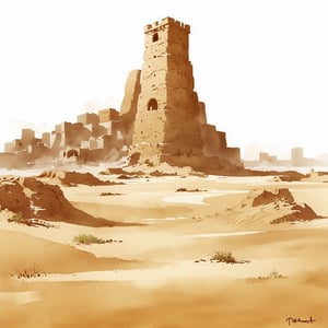 Fantasy realistic watercolor painting art of an wasteland city full of sands. A tall stone tower rises into the cloudless sky off in the distance. Background is watercolor splotches, there adventurer seen from afar 