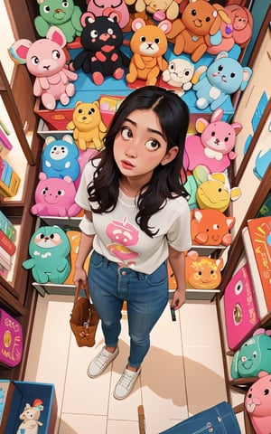 masterpiece, solo, best quality, high detailed, colorful, from above, solo, realistic, girl standing in a store with lots of stuffed animals on the shelves and a bag of stuff, hazel eyes, fisheye lens
,mandha,perfect,nindi