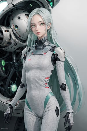 shodanSS_soul3142, 1boy, solo, green eyes, glowing eyes, robot joints, long hair, looking at viewer, glowing, green hair, grey skin, android, colored skin,yumna