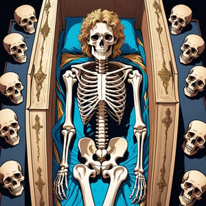 An illustration of Alexander the Great as skeleton, inside coffin, barehands, aerial view, (in the combined style of Mœbius and french comics), (minimal vector:1.1)