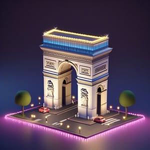 cute 3D isometric model of Arc de Triomphe at night | blender render engine niji 5 style expressive,3d isometric,3d style,