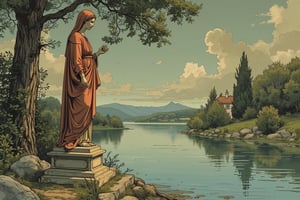 fl4tcol0red, a monalisa statue seen from lake, in the style of t0k