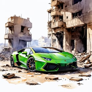 Fantasy realistic watercolor painting art of lamborghini trapped at abandon city, Obsolete, neglected, wrecks, faded, ugly, broken, damaged, destroyed
