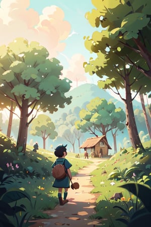 (illustration of villagers hunters), background at the forest, looked from afar, art by Atey Ghailan,masterpiece,