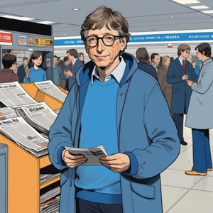 illustration of young Bill Gates wearing casual clothes with grey long coat, blue t shirt, (both hands sign refuse) , standing at newspaper vendor in new york airport in 1975, full body, (looked from medium), art by Atey Ghailan, masterpiece, perfect anatomy,(cute comic)
