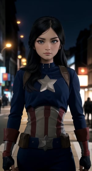 centered, upper body, masterpiece, | female captain america, standing, looking at viewer, | city, urban, street, city lights, | night, bokeh, depth of field,alessa