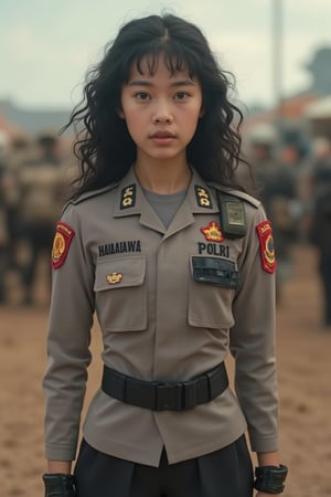 Asian yong woman with curly long hair stand in the foreground of battlefield, wearing (knotted shirt) polr1 police uniform. the uniform is adorned with The word "HANAKAWA" is embroidered on the left chest, and the word "POLRI" is embroidered on the right chest. Cowboy shot. 