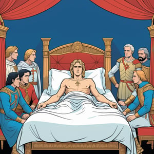 An illustration of a sick Alexander the Great lying in bed surrounded by his generals, upside view, (in the combined style of Mœbius and french comics), (minimal vector:1.1)