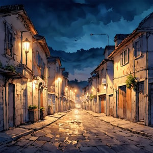 Fantasy realistic watercolor painting art of district at night, quiet, quiet, eerie, dark environment