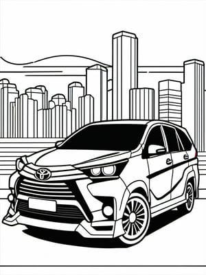 coloring book, bold line art. White and black minimalistic draw coloring page for a toyota avanza. Defined lines. Clean Drawn. Vector, Coloring Page, Bold line art, Coloring Book, Outline