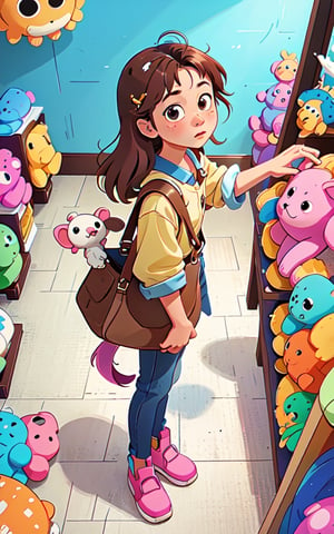 masterpiece, solo, best quality, high detailed, colorful, from above, solo, realistic, girl standing in a store with lots of stuffed animals on the shelves and a bag of stuff, hazel eyes, fisheye lens
,perfect,wul4n