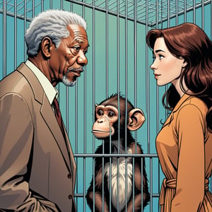Morgan Freeman with his one wife, looking to couple monkey at zoo cage, seen from afar (in the combined style of Mœbius and french comics), (minimal vector:1.1)