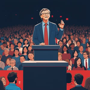 illustration of Someone in the audience asked Bill Gates who was on the podium, background at the tedx, (looked from medium), art by Atey Ghailan, masterpiece, perfect anatomy,(cute comic)