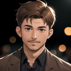 (looking at viewer), young adult man, dark completion, (light brown eyes), (short manly hairstyle), (light brown hair color), | centered, award winning face portrait, solo, man, | character concept, digital art, masterpiece, | bokeh, depth of field, |   ,adjie