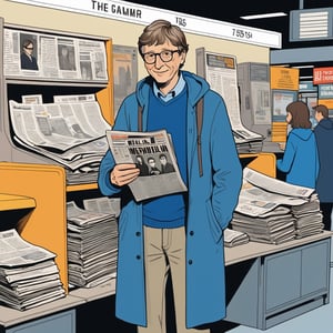 illustration of young Bill Gates wearing casual clothes with grey long coat, blue t shirt, ((both hands give newspaper)), standing at newspaper vendor in new york airport in 1975, full body, (looked from medium), art by Atey Ghailan, masterpiece, perfect anatomy,(cute comic)