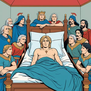 An illustration of a sick Alexander the Great lying in bed surrounded by his generals, upside view, (in the combined style of Mœbius and french comics), (minimal vector:1.1)