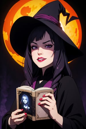 (best quality,4k,8k,highres,masterpiece:1.2),ultra-detailed,(realistic,photorealistic,photo-realistic:1.37),creepy,spooky,halloween theme,anime girl,halloween makeup,detailed eyes,detailed lips,long eyelashes,wavy black hair,evil smile,bloody red lipstick,gloomy atmosphere,haunted background,glowing pumpkin,witch hat,black robe,eerie lighting,horror anime style,dark purple color palette,ghostly aura,scary expression,menacing grin,sinister vibe,gothic aesthetic,witchcraft,witchy vibes,cobwebs,spellbook,curled horns,witchy cat,full moon,haunted mansion,trick or treat,spider webs,creepy crawlies,nightmare fuel,Sasha Grey