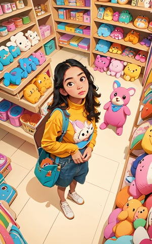 masterpiece, best quality, high detailed, colorful, from above, solo, realistic, girl standing in a store with lots of stuffed animals on the shelves and a bag of stuff, hazel eyes, fisheye lens
,dinda