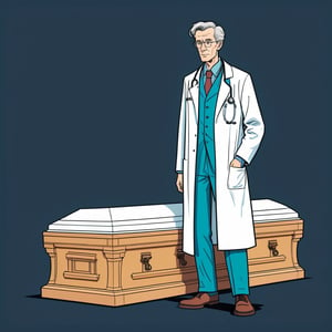 An illustration of A doctor standing helplessly next to a coffin, (in the combined style of Mœbius and french comics), (minimal vector:1.1)