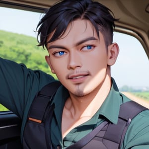 Handsome man ride car, perfect irish, perfect  eyes, perfect anatomy