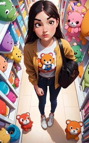 masterpiece, solo, best quality, high detailed, colorful, from above, solo, realistic, girl standing in a store with lots of stuffed animals on the shelves and a bag of stuff, hazel eyes, fisheye lens
,perfect,Sasha Grey