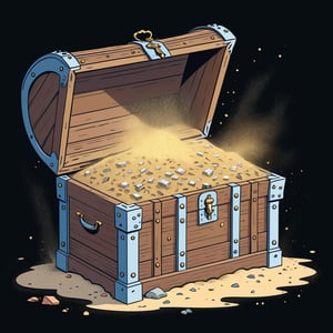 An illustration of a full of dust inside treasure chest, full dust otside of treasure chest, (in the combined style of Mœbius and french comics), (minimal vector:1.1)