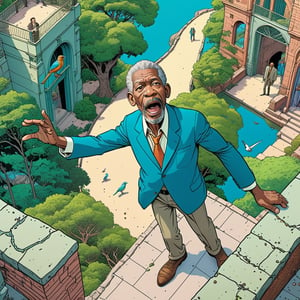 Morgan Freeman  throwing a stone to zoo monkey section, ((Bird’s eye view)), (in the combined style of Mœbius and french comics), (minimal vector:1.1)