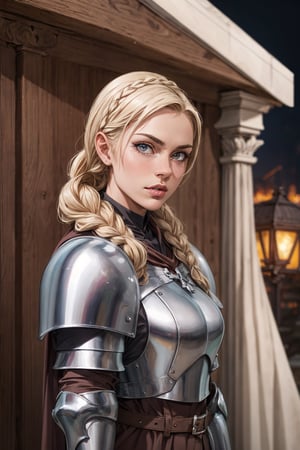 1 girl, adult russian woman, platinum blonde dutch braid, portrait, solo, upper body, looking at viewer, detailed background, detailed face, protector, keeping watch, chainmail armor, leather gauntlets, heraldry,medieval atmosphere, cape, emblem,