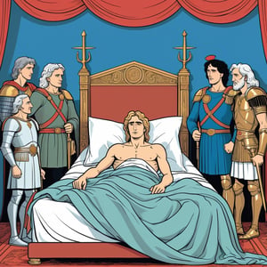 An illustration of a sick Alexander the Great lying in bed surrounded by his generals, (in the combined style of Mœbius and french comics), (minimal vector:1.1)