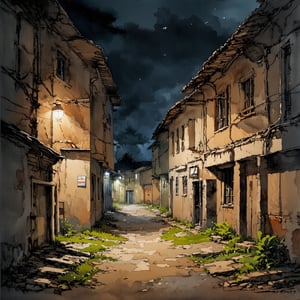 Fantasy realistic watercolor painting art of abandon district at night, quiet, quiet, eerie, dark environment, just dark