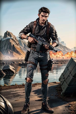 best quality,masterpiece,illustration,super detailed,High detail RAW photo,professional photograph,ultra-detailed,CG,unity,8k wallpaper,extremely detailed CG,extremely detailed,extremely detailed,Amazing,finely detail,official art,High quality texture,highres,
brown hair, intricate, masculine,handsome, highly detailed,digital , PUBG game,photography, Pubg male charector, 1boy, with M416 glacier AMR, full size image, in battlefield , holding gun,  6x scope , war,(full body)fighting_stance,dynamic pose,standing,Detailedface,  ruined city background,adjie