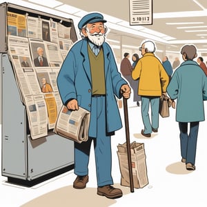 illustration of newspaper deliveryman ,very old man, sell bunch of newspaper, happy face, using walking stick, Hunchback, standing near newspaper vendor in new york airport in 2010, full body, (looked from medium), art by Atey Ghailan, masterpiece, perfect anatomy,(cute comic)