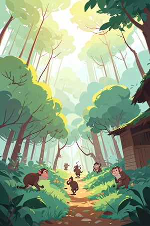 (illustration of villagers enter to the forest to hunting monkey, looked from afar), art by Atey Ghailan,masterpiece,