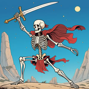 An illustration of Alexander the Great as skeleton, swinging a sword, look to viewer, simple background, (in the combined style of Mœbius and french comics), (minimal vector:1.1)