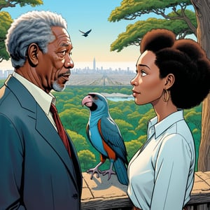 Morgan Freeman with his one negro wife, facing each other, discussing, looking to zoo monkey section, ((Bird’s eye view)), (in the combined style of Mœbius and french comics), (minimal vector:1.1)