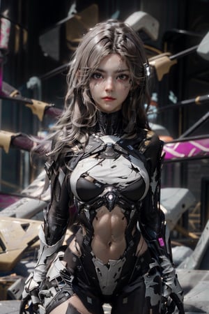 masterpiece, detailed face, 8k, 3d, cgi, Perfect woman,abs,wavy long hair, unreal engine 5, unreal engine 5 render, cyberpunk, realtime rendering, RTX ON, metahuman,4rmorbre4k,torn clothes,torn bodysuit,torn