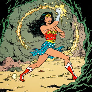 titin_style, A cartoon drawing of wonder woman fight pose. cave background