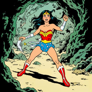 titin_style, A cartoon drawing of wonder woman fight pose. cave background