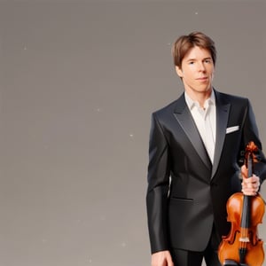 illustration of JOSHUA BELL wearing black tuxedo, white shirt,  simple background, playing violin, masterpiece, perfect anatomy, full body, 