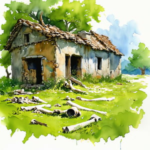 Fantasy realistic watercolor painting art of abandon village, Human bones were scattered around,